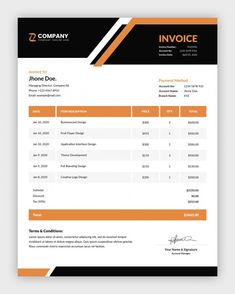 an invoice form with orange and black stripes on the bottom, is shown