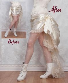 "Here's the perfect foundation piece to fulfill all your Victorian bustle daydreams. Wear it to achieve a gorgeous 1880's style bustle silhouette with most lightweight skirts. It's construction is modern, however, made from French-bustled organza, so it's lightweight, comfortable, and super easy to sit and dance in. While I intend it as a foundation piece - I do believe it's gorgeous enough to wear by itself too! The fabric is stiff crystal organza, and the edges are trimmed in wide lace for fli French Bustle Wedding Dress Tulle, American Bustle Wedding Dress Lace, Victorian Fitted Petticoat With Attached Cancan, Fitted Vintage Bottoms With Attached Cancan, Vintage Fitted Bottoms With Attached Cancan, Vintage Fitted Wedding Bottoms, Modern Victorian Fashion, Skirt With Corset, Victorian Outfits