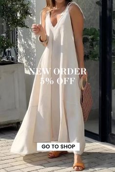 Elegant Swing Beach Solid Color Loose V-Neck Fashion Maxi Dress Chic V-neck Summer Dress For Vacation, Beige V-neck Sundress For Day Out, Casual White V-neck Summer Dress, Beige A-line Sundress For Summer, Chic A-line V-neck Dress For Summer, White V-neck Maxi Dress For Summer, Bohemian Solid Color Maxi Dress For Beach Season, Non-stretch Maxi Dress For Spring Beach Occasions, Spring Beach Maxi Dress Non-stretch