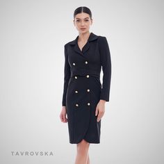 Tuxedo Coat Dress Double Breasted Blazer Dresses for Women - Etsy Fitted Long Sleeve Blazer Dress With Buttons, Elegant Double-breasted Jacket Dress For Spring, Fitted Knee-length Winter Blazer Dress, Fitted Knee-length Blazer Dress For Winter, Black Blazer Dress With Double Button For Career, Black Blazer Dress With Double Button Closure For Career, Career Black Blazer Dress With Double Button Closure, Classic Fitted Blazer Dress With Double-breasted Buttons, Double-breasted Fall Skirt Suit For Work