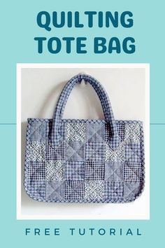 a blue and white handbag with the words quilting tote bag on it