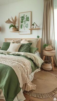 a bed with green sheets and pillows in a bedroom