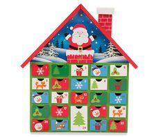 a wooden christmas calendar with santa claus on it's roof and snowman in the background