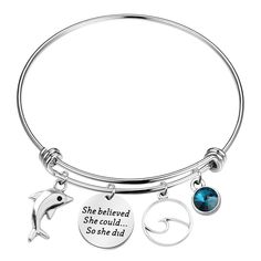 PRICES MAY VARY. Dolphin Bracelet - She Believed She Could So She Did. Measurement: bangle diameter: 6.5 cm (2.56") diameter.This adjustable wire bracelet fits from 7" to 8.5" wrists. TIPS: manual measuring permissible error. Material – High Quality Stainless Steel; Hypoallergenic and allergy free, a simple and decent accessory would match your outfit perfectly. Perfect inspirational gift for Dolphin fans. This items will come to you nicely packed in a velvet bag, which is strictly protected fro Round Metal Charm Bracelet Gift, Stainless Steel Charm Bracelet For Friendship, Inspirational Jewelry For Friendship, Stainless Steel Round Charm Bracelet For Friendship, Inspirational Adjustable Round Jewelry, Inspirational Round Adjustable Jewelry, Inspirational Round Bracelets As Gift, Friendship Stainless Steel Charm Bracelet, Personalized Metal Bangle As Gift