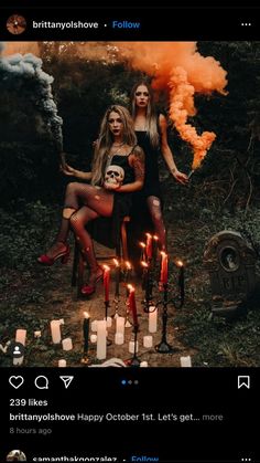 two women sitting on a chair with candles in front of them and the caption says, happy october