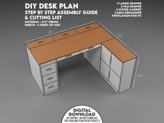 the desk plan is shown with instructions for how to build it and what to use it