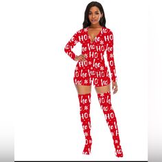 Christmas Print Ho Ho V Neck Onesie And Matching Socks Brand: Christmas Size: S Color: Red Print Type: Letters, Christmas Neckline: Round Neck Sleeve Length: Long Sleeve Sleeve Types: Normal Sleeve Length: Crop Fit Type: Slim Fabric: Light Elastic Material: Cloth Composition: 92% Polyester, 8% Elastane Nw. New Condition. Christmas Onesie Womens, Christmas Pajamas Women, Pajama Party Outfit, Onesie Party, Letters Christmas, Holiday Onesies, Pink Flannel, Christmas Onesie, Matching Socks