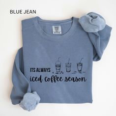 This It's Always Iced Coffee Season Sweatshirt is the perfect, cozy crewneck to wear while out shopping (with coffee in hand of course), or around the house. You can gift it to the iced coffee loving friend in your life too! Sizing - These comfort colors sweatshirts are unisex fit and run true to size. They are a loose and relaxed fit. We recommend sizing up 1-2 sizes for an oversized fit. Each sweatshirt comes a rolled-forward shoulder, and a back neck patch. See photo for exact measurement det Coffee Crew Neck Top For Loungewear, Casual Coffee Crew Neck Top, Relaxed Fit Coffee Color Tops For Fall, Coffee Colored Crew Neck Sweatshirt For Winter, Coffee Color Crew Neck Sweatshirt For Winter, Coffee Color Crew Neck Top, Coffee Color Cotton Sweatshirt For Fall, Casual Coffee-colored Crew Neck Top, Relaxed Fit Cotton Sweatshirt In Coffee Color