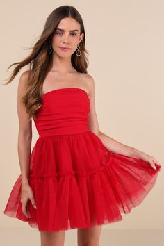 Lovely Extravagance Red Tulle Strapless Mini Dress Mini Tulle Dress For Date Night, Flirty Strapless Tulle Dress, Red Strapless Tulle Dress, Flirty Tulle Mini Dress For Date Night, Flirty Tulle Dress For Date Night, Strapless Tulle Dress For Night Out, Red Tulle Dress For Summer, Strapless Tulle Mini Dress For Night Out, Red Tulle Dress Short