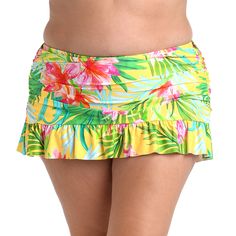 The lively combination of colors and tropical motifs on this swim collection exudes a playful and energetic vibe, making it a perfect choice for those seeking a bold and stylish beach look. Featuring a ruffled skirt with built-in bottoms, this suit is up for anything, whether snorkeling in the sea or swimming in the pool. A shirred waistband and romantic ruffles instantly flatter the figure. Full rear coverage gives you the confidence you need to strut around the deck or poolside in style. [spli Green Beachy Swimwear For Summer Outings, Playful Swimwear With Elastic Waistband For Vacation, Tropical Swimwear With Elastic Waistband For Spring, Vibrant Fitted Poolside Bottoms, Vibrant Fitted Bottoms For Poolside, Fitted Hawaiian Style Bottoms For Poolside, Casual Summer Swim Skirt With Ruffled Details, Beach Skirted Bottoms With Floral Print, Floral Print Skirted Bottoms For Beach