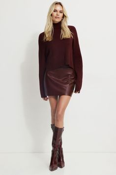 Kylie Faux Leather Mini Skirt Burgundy Band Tee Leather Skirt, Holiday Leather Skirt Outfit, Dark Red Leather Skirt, Mini Skirts Fall Outfits, Brown Suede Mini Skirt Outfit, Autumn 24 Fashion, Maroon Leather Skirt Outfit, Burgundy Mini Skirt Outfit, Brown Leather Skirt Outfit Fall