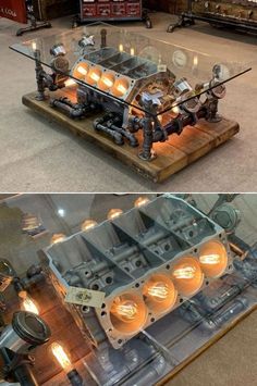 two pictures side by side one shows an engine and the other shows its light bulbs