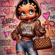 a drawing of a girl wearing a hoodie and holding a handbag