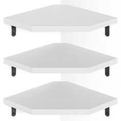 three white shelves with black handles on each shelf