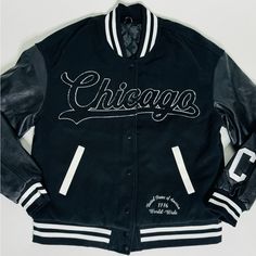 Brand New Black Chicago City Girl Varsity Jacket. All Sizes Black Letter Print Outerwear For Fall, Black Varsity Jacket For College With Button Closure, Black Varsity Jacket With Button Closure For College, Black Hooded Varsity Jacket For Spring, Hooded Black Varsity Jacket For Spring, Black Letter Print College Style Outerwear, Black Letter Print Outerwear College Style, Black Letter Print Outerwear In College Style, Sporty Black Outerwear With Button Closure