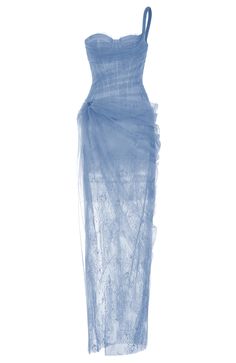 One Shoulder Lace Corset Maxi Dress Blue DESIGN: Color: Blue One shoulder design Sleeveless Bustier detail Lace insert Structured design Draped design Exposed zipper at back Gentle Dry Clean Only Length: Maxi. Ankle-length MATERIAL: Polyester + Cotton + Silk Delicate sewing and hemming by durable needle lockstitch machine. YKK zipper (known as the most durable and reliable zippers manufactured today). To maintain the beauty of your garment, please follow the care instructions on the attached label. Colour may vary due to lighting on images. The product images (without model) are closest to the true color of the item.     * Order one size up for a relaxed fit. * Pay special attention on measurements to ensure proper fit. * If you are between two sizes the larger one is recomm Pale Blue Long Dress, White Dress With Blue Corset, Colorful Lace Dress, Light Blue Dress Gold Accessories, Shell Cup Dress, Senior Prom Dresses Blue, Draped Corset Dress, Cobalt Blue Gown, Sea Glass Dress