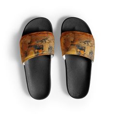 Golden Beach Women's Slides by Visual Verse - Image 1 Brown Beach Slippers For Summer, Brown Slide Flip Flops For The Beach, Brown Summer Beach Slippers, Brown Slide Slippers For Summer, Casual Gold Slides For Vacation, Gold Casual Slip-on Slides, Brown Slide Slippers For Vacation, Lightweight Slip-on Slides For Vacation, Brown Slides For Beach And Summer