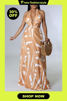 knowfashionstyle Off White Tropical Print Sleeveless Backless Hollow Out Vacation Party Halter Maxi Dresses Dresses With Cutouts, Party Wear Maxi Dresses, Cheap Maxi Dresses, Maxi Dress Online, Halter Maxi, Halter Maxi Dresses, Maxi Dresses Casual, Stretch Dress, Summer Maxi Dress