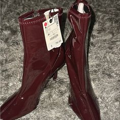 Ankle Boots In Leather Color Wine Ankle-high Boots With Red Sole For Winter, Red High Heel Mid-calf Boots For Fall, Fall Red High Heel Mid-calf Boots, Burgundy Ankle-high Heeled Boots For Winter, Winter Boots With Padded Ankle, Winter Burgundy Ankle-high Heeled Boots, Fall Heeled Boots With Red Sole And Pointed Toe, Trendy Burgundy Heeled Boots For Fall, High Ankle Heeled Boots With Red Sole For Fall