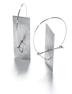 Solitary Plane Earrings by Sarah Mann (Silver Earrings) | Artful Home Modern Silver Rectangular Earrings, Single Silver Rectangular Earring, Contemporary Metal Earrings With Polished Finish, Modern White Gold Earrings, Modern Polished Earrings For Gifts, Modern Polished Finish Linear Earrings For Gift, Modern Earrings With Polished Finish As Gift, Modern Earrings With Polished Finish For Gift, Modern Silver Earrings For Everyday