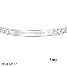 This classic engravable ID bracelet is the perfect gift for yourself or your loved one. Engrave the front with a name or a special date and add a meaningful message to the back. Handcrafted in sterling silver, this 8" men's bracelet features a figaro-link chain secured with a lobster clasp for just the right fit. Classic Engraved Name Bracelet As Personalized Gift, Classic Personalized Name Bracelet For Anniversary, Classic White Gold Name Bracelet With Engraving Option, Classic Engraved Name Bracelet, Classic Customizable Nameplate Bracelet, Classic Engraved White Gold Name Bracelet, Classic Nameplate Bracelets For Personalized Gift, Personalized White Gold Classic Bracelets, Classic Personalized White Gold Bracelets