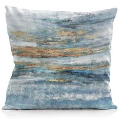 a blue and gold pillow with an abstract painting on the front, it is made out of