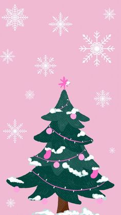 a christmas tree with snowflakes on the top and pink sky in the background