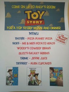 the menu for toy story movie and dinner