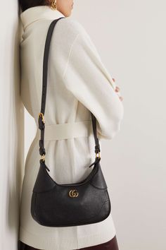 Black Aphrodite chain-embellished textured-leather shoulder bag | GUCCI | NET-A-PORTER Black Aphrodite, Gucci Bag Outfit, Street Style 2023, Bags Outfit, Tas Gucci, Outfit Street Style, Expensive Bag, Gucci Crossbody Bag, Bag Outfit