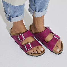 Arizona Oiled Leather Classic Pink Open Toe Sandals, Pink Leather Footbed Sandals With Removable Insole, Pink Leather Footbed Sandals With Textured Footbed, Pink Leather Footbed Sandals With Cork-bed Midsoles, Pink Leather Footbed Sandals With Buckle Closure, Birkenstock Styles, Simple Sandals, Boys Sandals, Suede Fashion