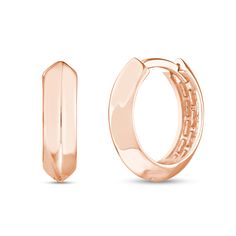 Take your look to the next level of style with the clean-lined design of these knife-edged huggie hoop earrings in 14K rose gold. Fashioned in 14K rose gold Each 13.5mm-wide hoop showcases a knife-design that creates dimension and depth. These earrings secure with hinged backs. Modern Small Hoop Huggie Earrings In Rose Gold, Modern Rose Gold Huggie Earrings With Polished Finish, Formal Rose Gold Huggie Earrings With Polished Finish, Modern Rose Gold Hoop Huggie Earrings, Modern Rose Gold Huggie Earrings, Rose Gold Polished Huggie Earrings, Rose Gold Huggie Earrings For Formal Occasions, Rose Gold Formal Huggie Earrings, Formal Rose Gold Huggie Earrings