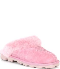 From UGG &#x2C; the Coquette Suede Cold Weather Slippers feature:17 mm Twinface sheepskin upperslip-on constructionartificially dyed and treated real sheepskin from sheep or lamb (Australia&#x2C; European Union or United States)high-quality plush fleece lining for comfort and warmthheat-embossed logo patchbutt-seam detail17mm to sheepskin cuffTreadlite by UGG  outsole for comfortImported. Ugg Croquette Slippers, Pink Uggs Slippers, Pink Ugg Slippers, Ugg Coquette Slippers, Ugg Clogs, Ugg Coquette, Pink Uggs, Kicks Shoes, Outdoor Slippers