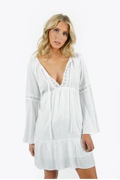 Carmilla White Lace Trimmed Bell Sleeve Babydoll Dress https://www.tobi.com/product/79637-tobi-carmilla-lace-trimmed-bell-sleeve-babydoll-dress?color_id=113489&utm_source=pinterest&utm_medium=social&utm_campaign={campaignid}_{adgroupid}_{product_id} Bell Sleeve Mini Dress, Little White Dress, Weekend Brunch, Casual Weekend, Little White Dresses, On Sneakers, First Date, Rayon Fabric, Fall Shopping