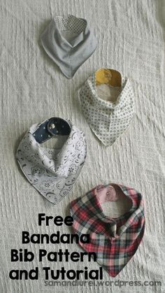 three bandana bib patterns and instructions on a bed with text overlay that reads free