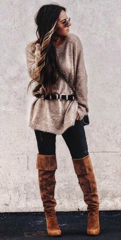 Fall stylish fashion Fuzzy Boots Outfit, Black Fuzzy Boots, Long Brown Sweater, Brown Boots Outfit, Fall Outfit With Boots, Casual Plaid Shirt, Fuzzy Boots, White Turtleneck Sweater, Sweater Dress Oversized