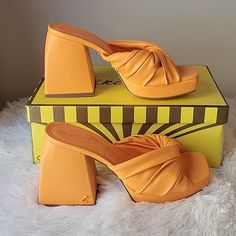 Brand New In The Box Circus Ny By Sam Edelman Chunky Heeled Sandal Style: Marianna Color: Creamsicle Knot Detailed At The Vamp Man Made Materials 3.7" Chunky Heel Size: Us 6 Retro Party Heels In Synthetic Material, Trendy Orange Open Toe Heels, Orange Sandals With Padded Block Heel, Summer Block Heel Heels In Synthetic Material, Summer Block Heel Heels In Synthetic, Yellow Eva Sandals For Spring, Trendy Orange Open Heel Sandals, Trendy Orange Wedge Heels, Orange Platform Heels In Synthetic Material