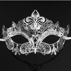 Luxury Silver Elegant Metal Laser Cut Venetian Halloween Ball Masquerade Mask Vintage Masquerade Costume Accessories For Halloween, Handmade Costume Accessories For Halloween Masquerade, Fantasy Halloween Masks For Gift, Vintage Costume Accessories For Carnival, Vintage Masks For Halloween Costume Party, Vintage Halloween Costume Party Masks, Fantasy Halloween Masks As Gifts, Fantasy Style Halloween Masks As Gifts, Silver Masquerade Mask For Carnival Theater