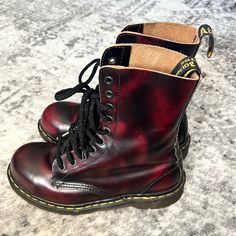 Rare Men’s 5/Women’s 6 Has Some Creasing And Light Signs Of Wear Classic Red Winter Boots, Red Boots For Fall Streetwear, Casual Red Boots With Leather Sole, Burgundy Lace-up Boots With Red Sole, Fitted Burgundy Casual Boots, Dr Martens Boots, Shoes Vintage, Dr Martens Shoes, Martens Shoes