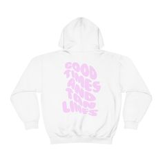 "\"Good Times And Tan Lines\" in bold pink bubblegum type on the back. If your aesthetic is comfy but cool you will love this Hoodie. Made with a thick blend of cotton and polyester, it feels plush, soft and warm, a perfect choice for any cold day. In the front, the spacious kangaroo pocket adds daily practicality while the hood's drawstring is the same color as the base sweater for extra style points. * 50% cotton, 50% polyester * Medium-heavy fabric  * Classic fit * Runs true to size - (check Winter Pink Sweatshirt With Logo Print, Pink Long Sleeve Hoodie With Logo Print, Pink Logo Print Sweatshirt For Streetwear, Pink Hooded Hoodie With Letter Print, Pink Winter Hoodie With Logo Print, Pink Hooded Sweatshirt For Streetwear, Pink Hooded Streetwear Sweatshirt, Winter Pink Hoodie With Logo Print, Pink Hooded Hoodie With Graphic Print