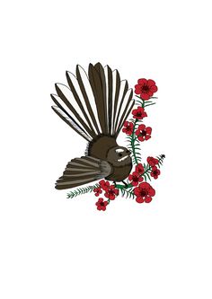 a bird with red flowers on it's back and its wings spread out in the air