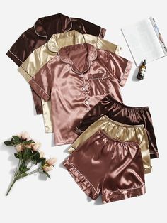 Multicolor Elegant  Short Sleeve Satin Plain Short Sets Embellished Non-Stretch  Women Sleep & Lounge Pijamas Women, Satin Pj Set, Satin Bluse, Sleepwear Fashion, Cute Sleepwear, Satin Set, Cute Pajama Sets, Cute Lazy Outfits, Short Pj Set