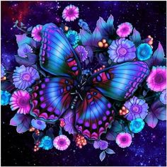 a blue butterfly surrounded by purple and pink flowers in the night sky with stars behind it