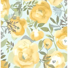 yellow roses on blue background with leaves and stems in the center, watercolor style