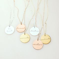 "Be inspiring with your jewelry with words like namaste, be kind, and mama! Wear an inspirational word from our many designs on this disc necklace. Jewelry can be personalized in our beautiful and high-quality silver, gold, or rose gold disk. You can engrave the back side with your kids names, significant dates, or a short phrase. Choose from one of our designs or your favorite font style, metal, necklace length, and chain style to make this completely your own! Perfect for gift giving for any h Minimalist Custom Name Charm Necklaces With Round Pendant, Minimalist Pendant Charm Necklace For Best Friend, Custom Name Necklace For Everyday Use, Minimalist Customizable Necklace For Mom, Minimalist Customizable Charm Necklace For Mom, Minimalist Nickel Free Necklace For Best Friend, Customizable Minimalist Jewelry For Best Friend Gift, Everyday Meaningful Customizable Necklace, Personalized Inspirational Rose Gold Jewelry