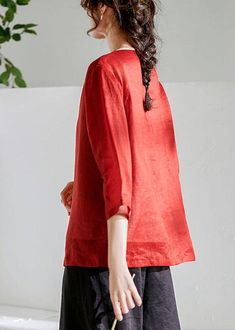 Red Oriental O-Neck Summer Ramie ShirtsFabric: Ramie100% LinenSize & Fit: Fit: This garment fits true to size.Length: Size L measures 24.18"from shoulder to hemBust: Great for any cup size. Waist: Loose Fit. Comfortable room throughout midsection.Hip: Loose Fit - room for hips. Hand Wash Cold. Red Plain Long Sleeve Tops, Red Long Sleeve Plain Top, Red Relaxed Fit Long Sleeve Blouse, Red Long Sleeve T-shirt For Spring, Red Long Sleeve Summer T-shirt, Red V-neck Shirt With Relaxed Fit, Casual Red Blouse With 3/4 Sleeves, Red Crew Neck Blouse For Fall, Casual Tops With Relaxed Fit And 3/4 Sleeve