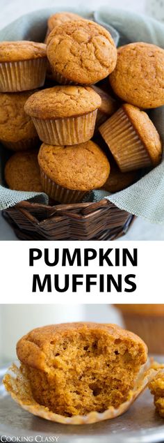 pumpkin muffins stacked on top of each other with text overlay that reads, pumpkin muffins