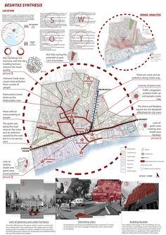 a map with red and white lines showing the locations of various buildings in different directions