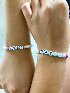 get a matching bracelet with your bestie! ✨  message me the name you want in your bracelet(s) ! 💌 Trendy Letter Beads Jewelry For Friendship, Trendy Beaded Bracelets With Letter Beads For Birthday, Trendy Personalized Name Bracelet With Round Beads, Trendy Customizable White Friendship Bracelets, Trendy White Customizable Friendship Bracelets, Casual Name Bracelet With Round Beads For Birthday, Trendy Beaded Name Bracelet, Trendy Custom Name Bracelet, Casual Birthday Name Bracelet With Round Beads