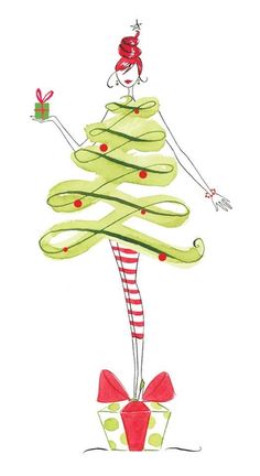 a drawing of a woman standing on top of a christmas tree with presents in her hands