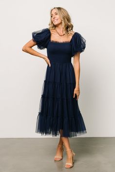 Midi Tulle Dress, Blue Wedding Guest Dresses, Midi Dress Navy, Tulle Midi Dress, Tulle Material, Tiered Midi Skirt, Prom Dresses Modest, Aesthetic Stuff